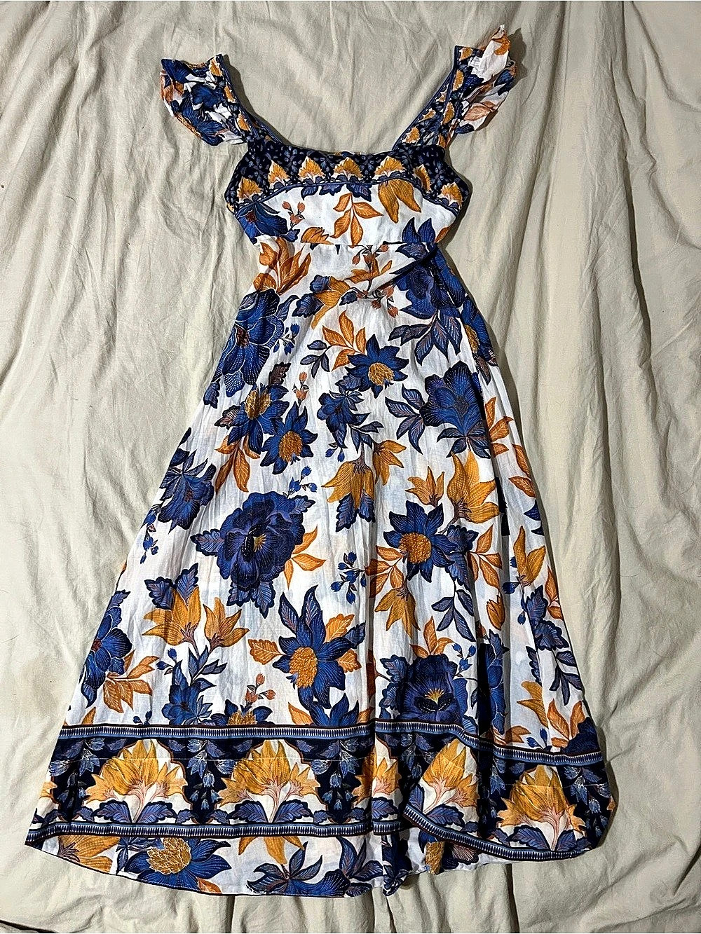 Farm Rio Scoop Neck Ruffle Midi Dress in White & Blue Size XS